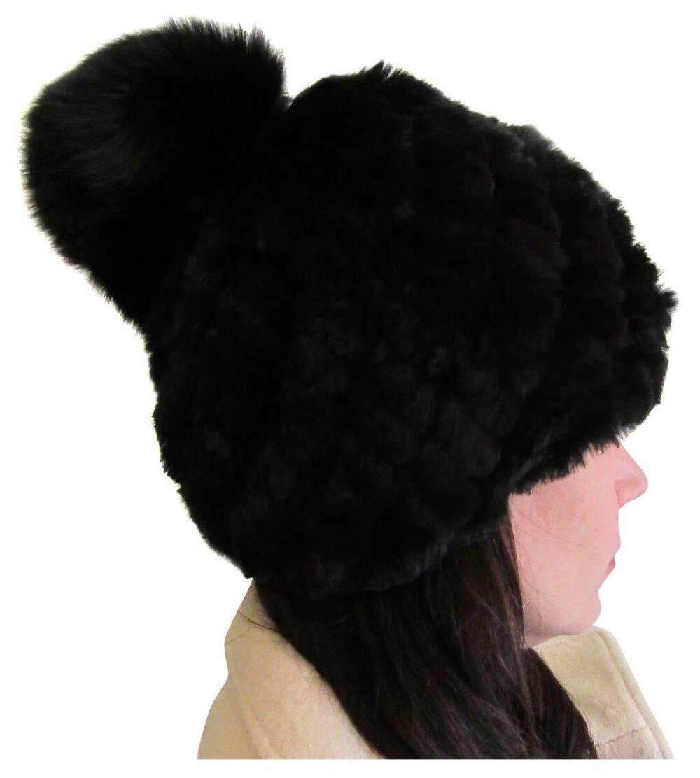 3202 Knit Black Rex Rabbit Beanie Cap Skully Hat with Black Fox Pom Pom